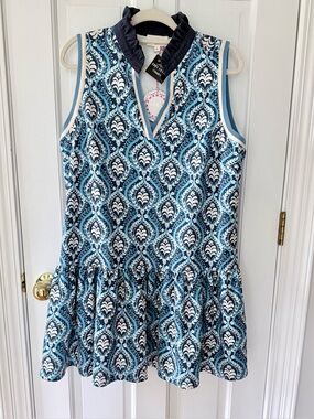 Umgee Sleeveless Blue Paisley Ruffle Neck Dress. Country Club Chic.